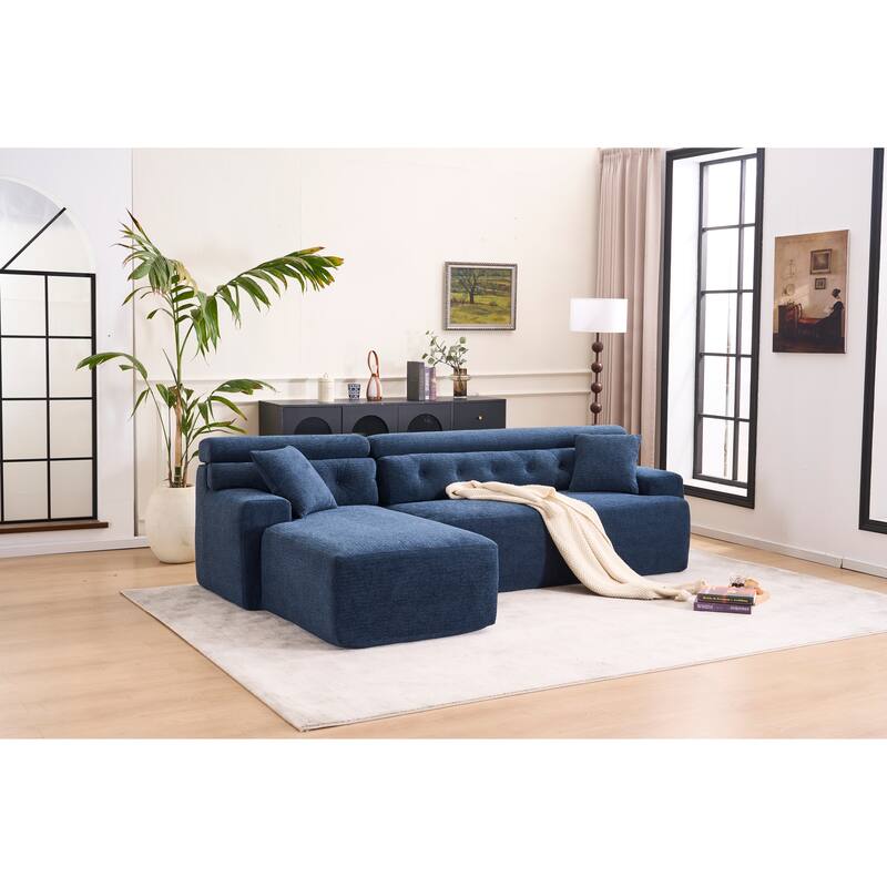 Combining Chaise Longue With 3-Seater, Wood Grain Chenille Fabric, Full Sponge Compression Sofa,Combined Sofa With 2 Pillows