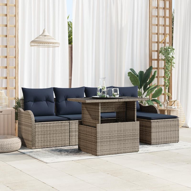 vidaXL 6 Garden Sofa Set with Cushions Black/Brown/Grey Poly Rattan - 90.9 x 46.1 x 27.2 - Grey