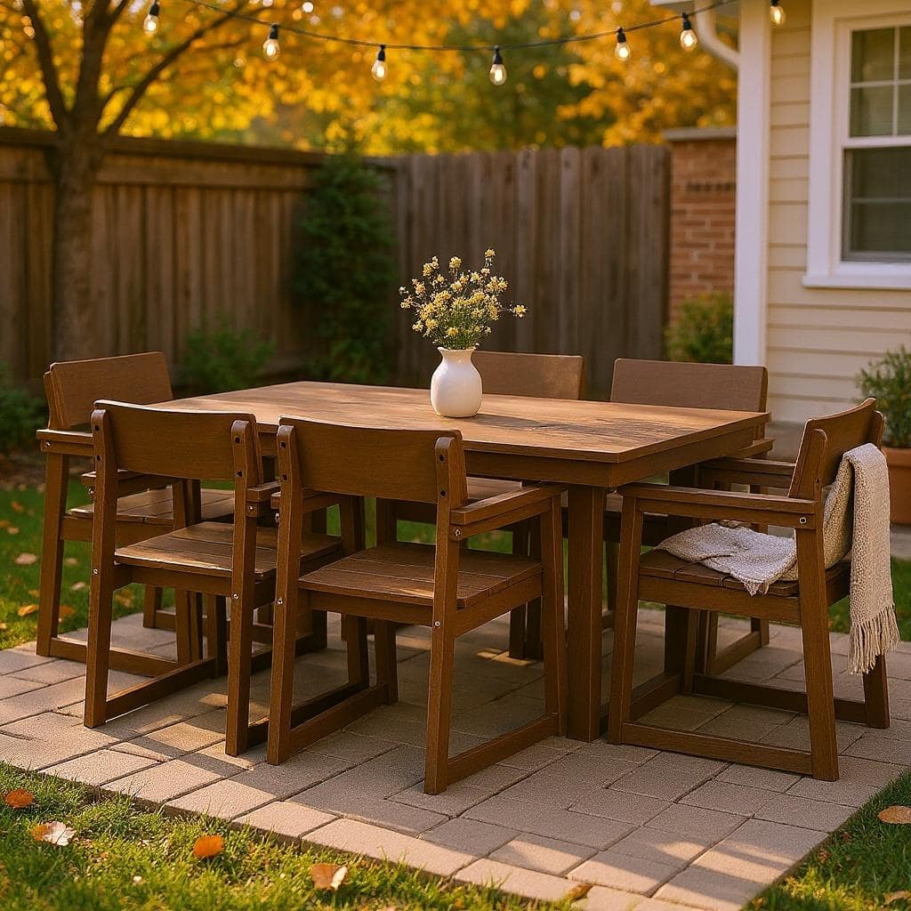 7-Piece HDPE Outdoor Dining Set for 6 - Weather-Resistant Patio Table with Umbrella Hole and 6 Armrest Chairs