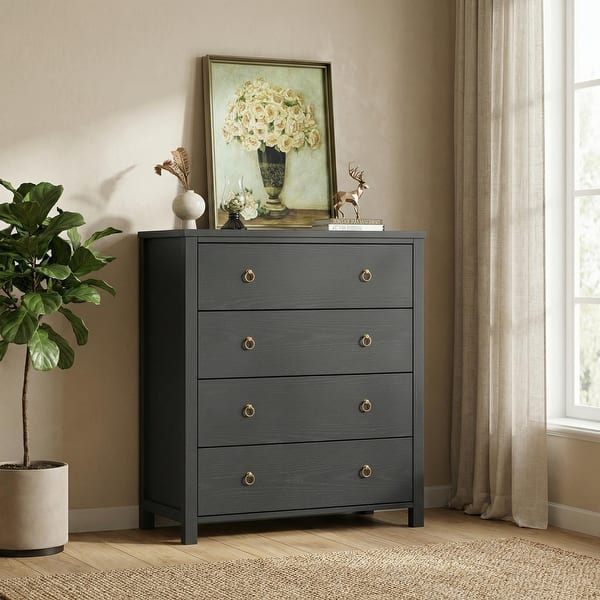 slide 2 of 6, Modern Chest of Drawers with Gold Ring Pull Handles & Strong Legs, Storage Cabinet for Bedroom, Living Room, Entryway Black - 4-drawer
