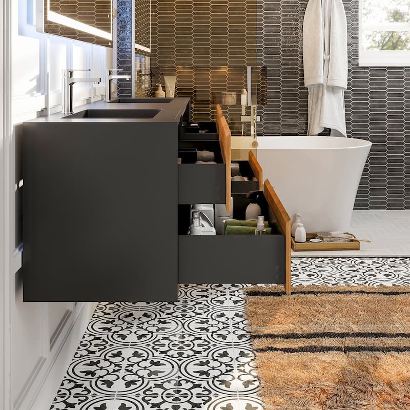 Vienna 75" White Oak with Black Frame DS Bath Vanity with Integrated Acrylic Top