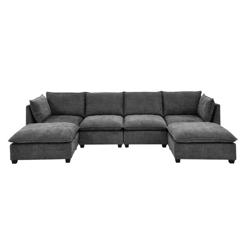 140" Comfy Wooden Sectional Sofa with Ottomans & Throw Pillows