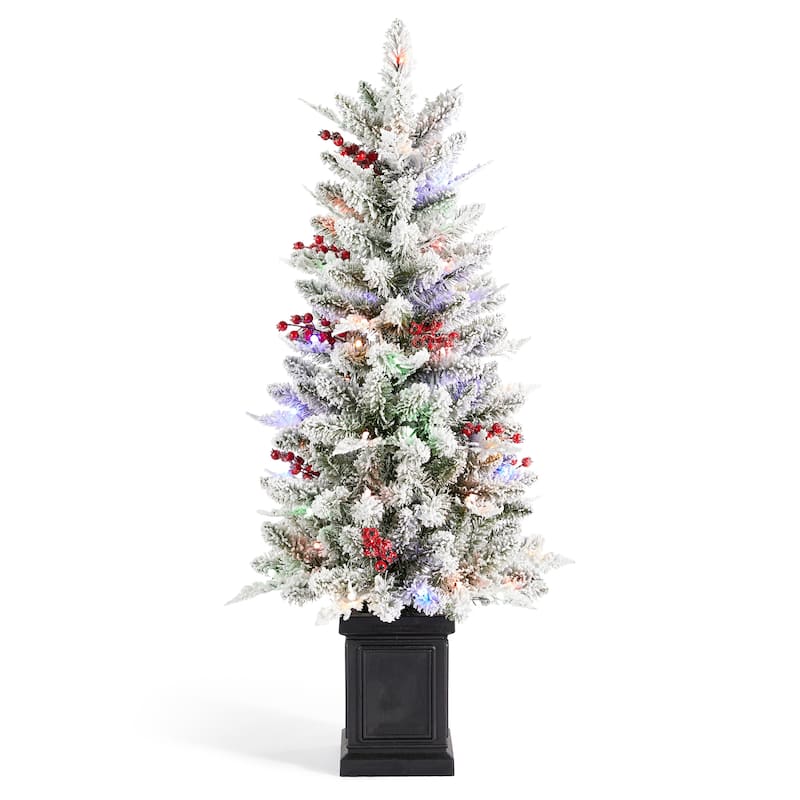 Glitzhome 4ft Pre-Lit Flocked Artificial Christmas Porch Tree with and Red Berries and 60 Warm White/Multi-color Lights