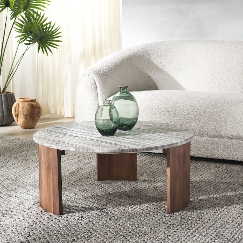 SAFAVIEH Home Dannica Marble Top Coffee Table - 35"W x 35"D x 15"H - Walnut/Grey