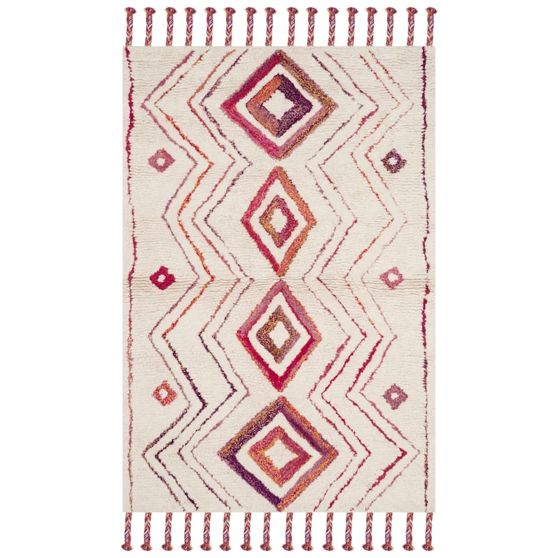 SAFAVIEH Handmade Casablanca Shag Hijiri Tribal Moroccan Wool Rug - 4' x 6' - Ivory/Multi
