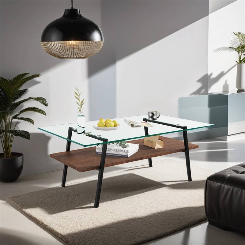 Rectangle Coffee Table, Tempered Glass Tabletop with White Metal Legs
