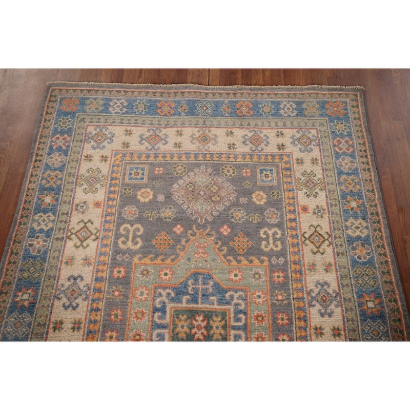 Geometric Kazak Accent Rug Hand-Knotted Wool Carpet - 3'11" x 5'9"