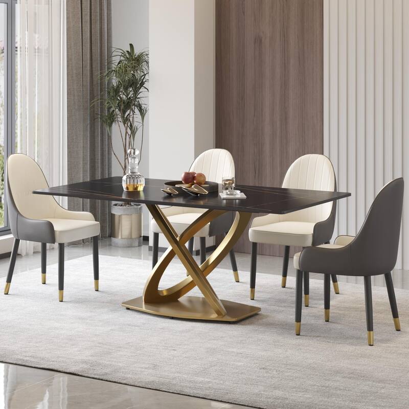 70'' White Sintered Stone Dining Table with Stainless Steel Gold Pedestal