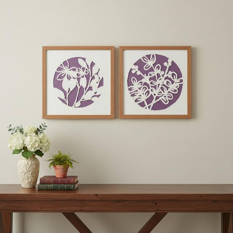 HomeRoots Set Of Two Purple And White Floral Brown Framed Wall Art - 14.00 in. x 14.00 in.  x 0.50 in.