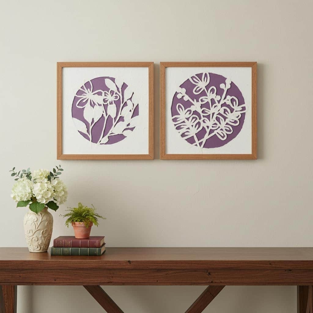 HomeRoots Set Of Two Purple And White Floral Brown Framed Wall Art