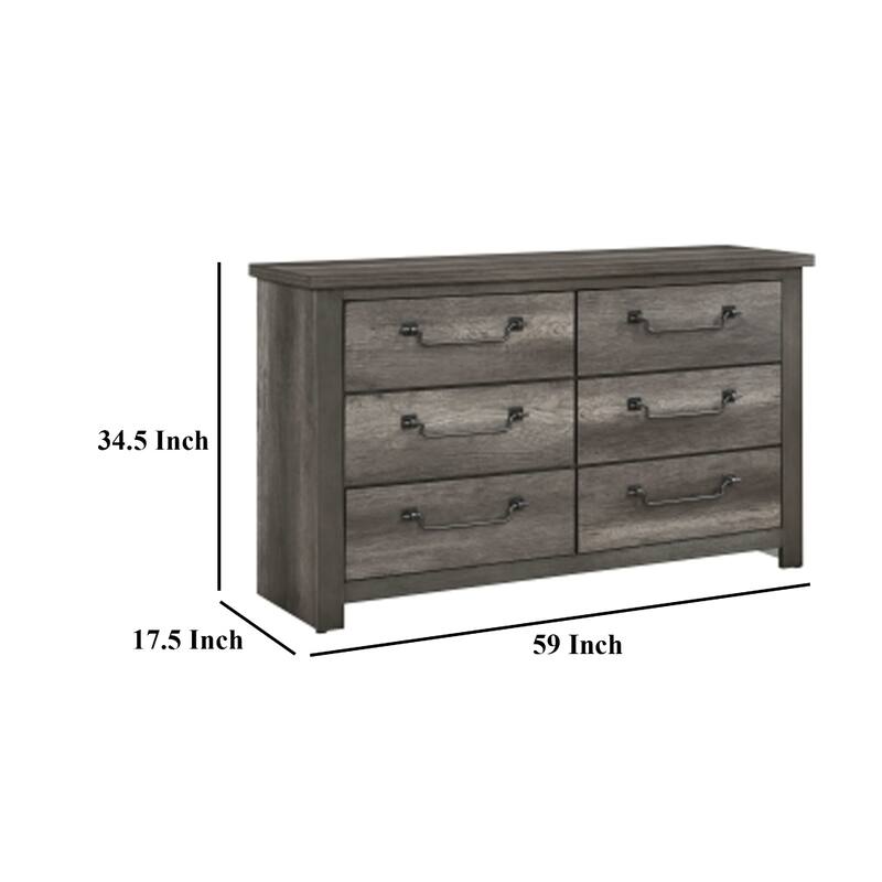 Nemy 59 Inch Dresser, 6 Drawers, Gray Melamine Board, Drop Handles