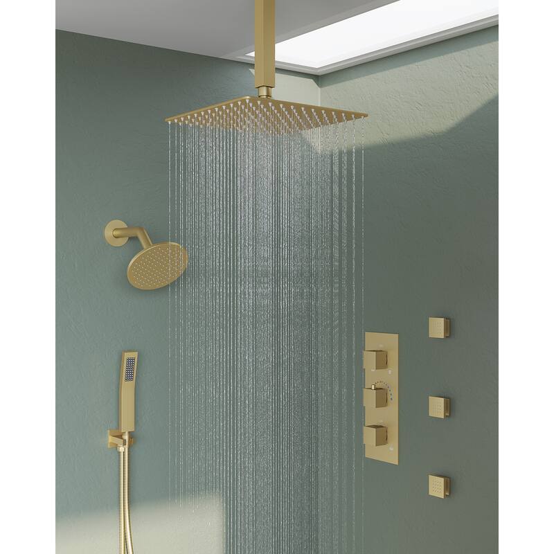 GRANDJOY Dual Shower Heads 12" Rainfall Shower System with 3 Body Jets and Handheld Shower - Brushed Gold