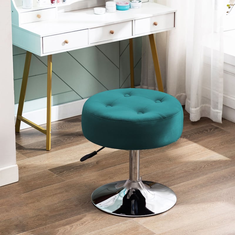Adjustable Height Round Ottoman Swivel Vanity Stool - Velvet-Atrovirens