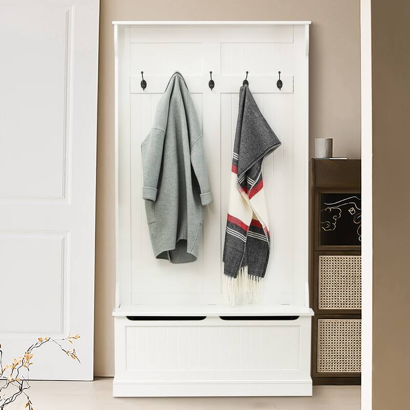 White MDF Wood Hall Tree with Storage Bench - 70.87" H x 37.8" W x 13.39" D
