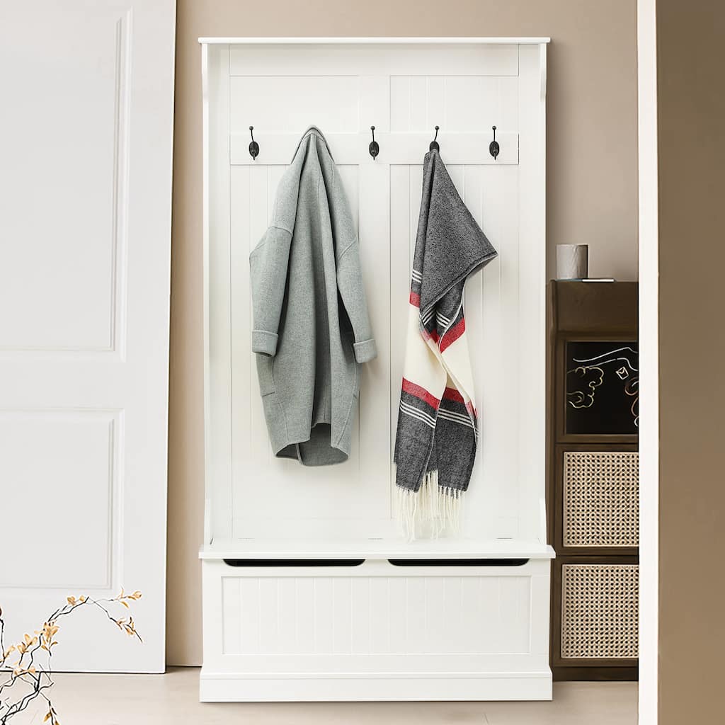White MDF Wood Hall Tree with Storage Bench - 70.87" H x 37.8" W x 13.39" D