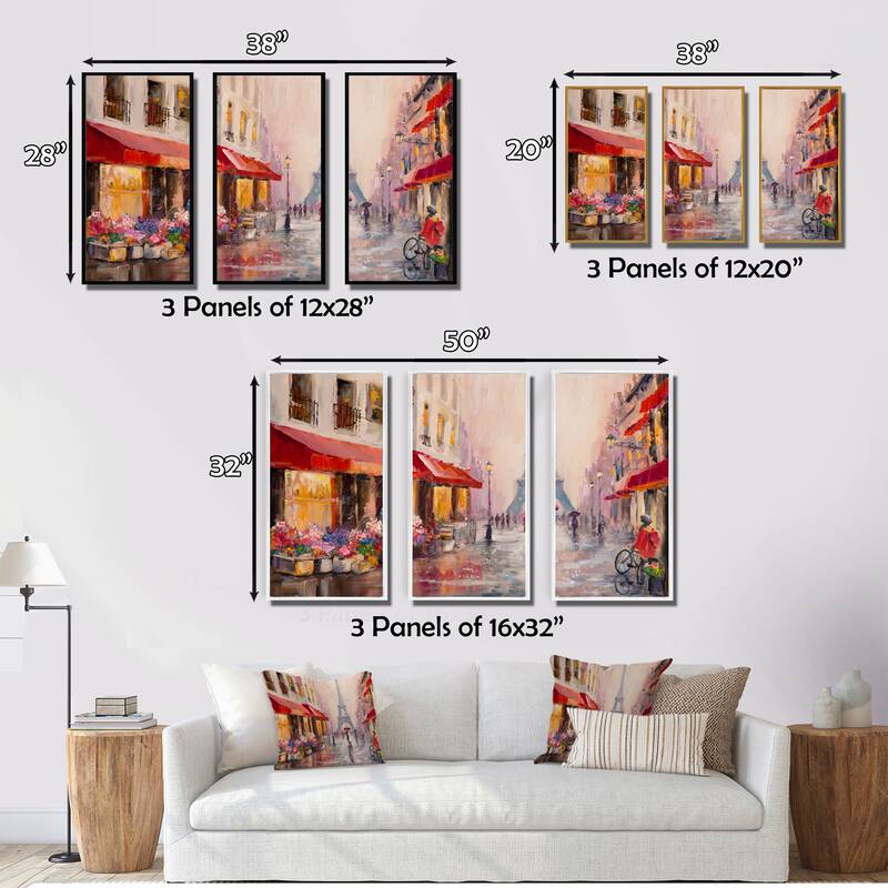 Designart "Lovers in Paris Eiffel Tower " Cityscape Framed Art Set of 3 - 4 Colors of Frames