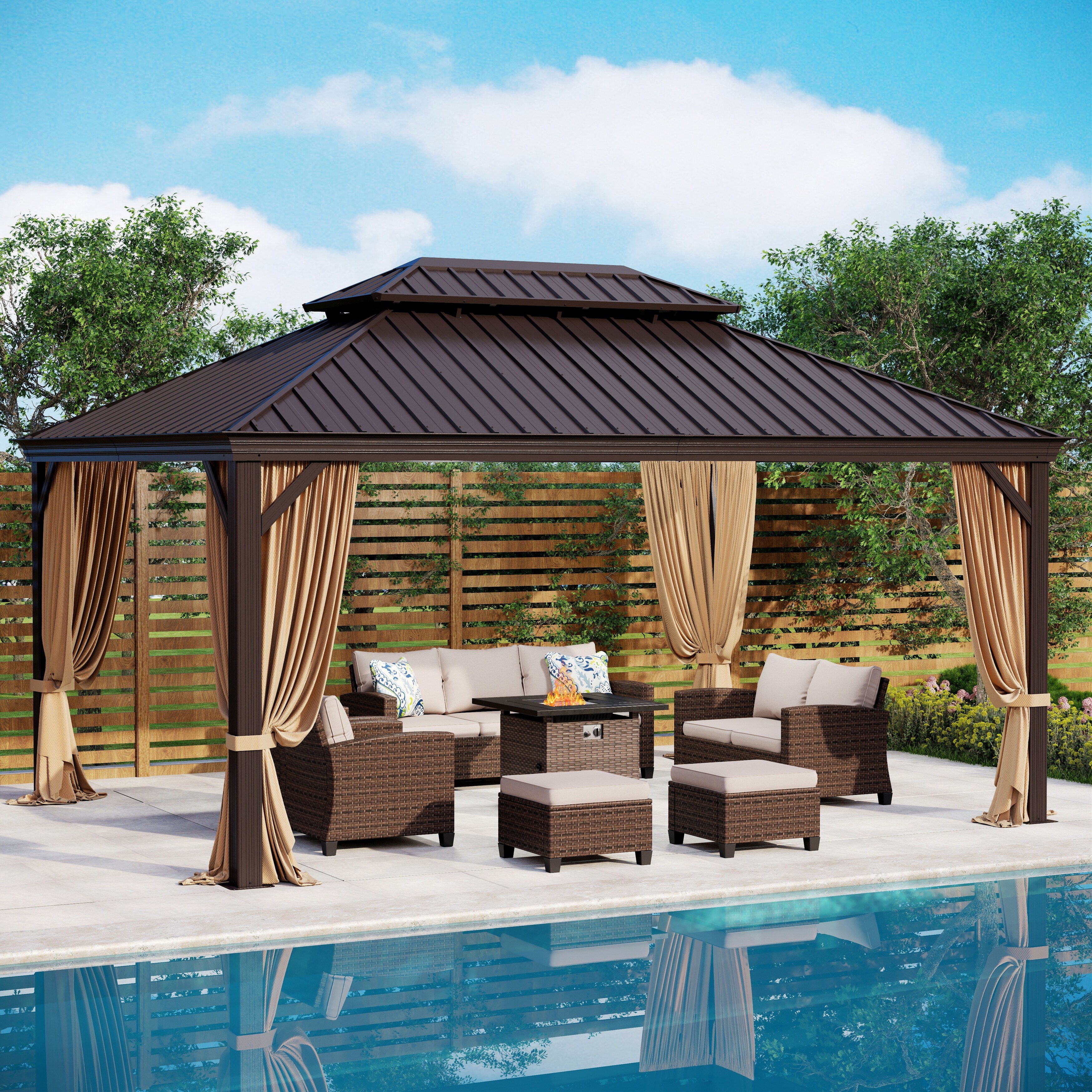 12 x 16 Hardtop Aluminum Permanent Gazebo Canopy with Netting Curtains 10 x12