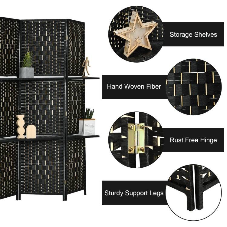 6 Panel Folding Weave Fiber Multipurpose Room Divider with 2 Display Shelves - 95" x 71" (L x H)
