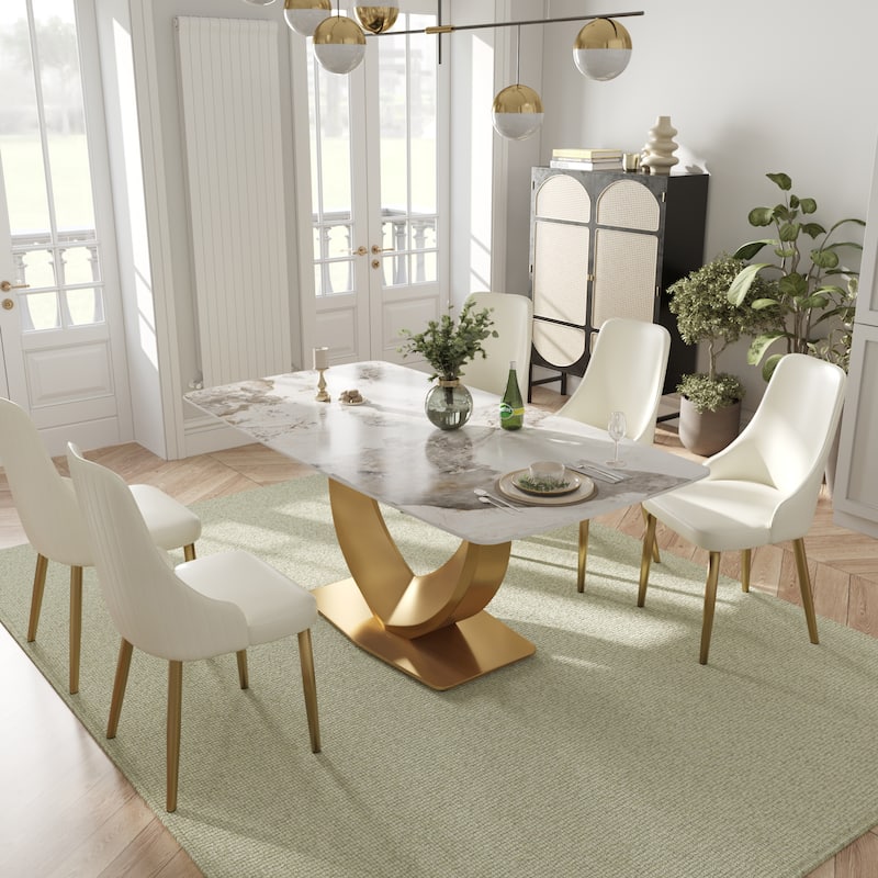 Modern Rectangle Marble Dining Table for 6-8, Marble Kitchen Dinner Table with Gold Finish Metal Base - Pandora