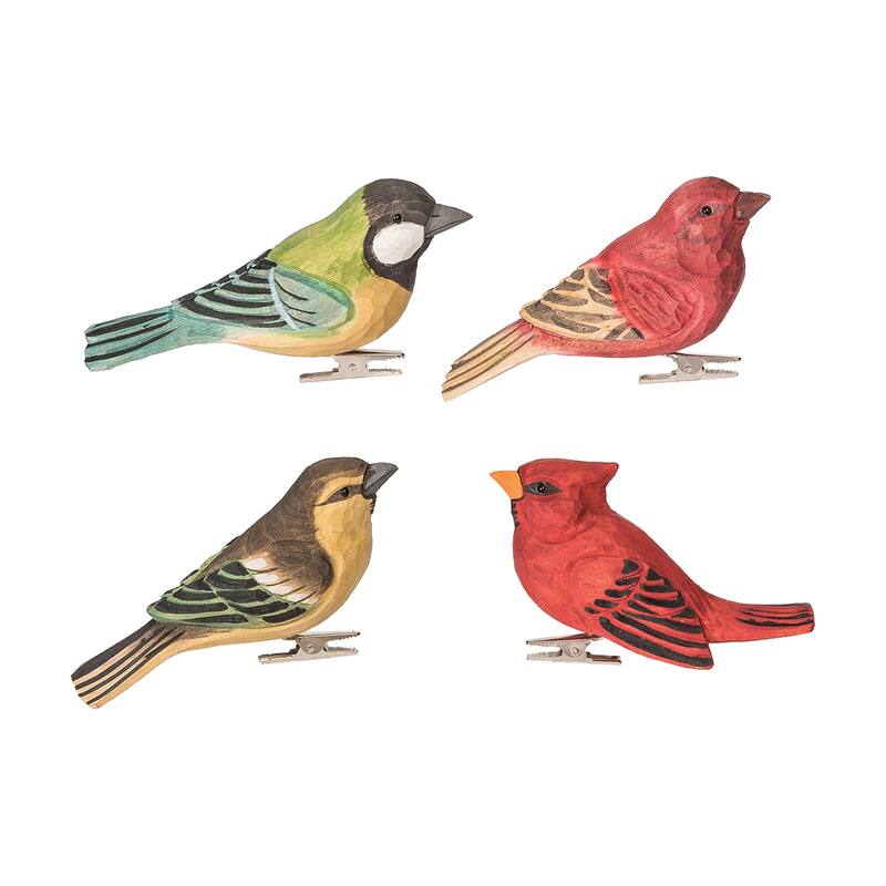 Wood Carved Bird Clip Ornament Set of 4 - 4.53" x 1.30" x 2.16"