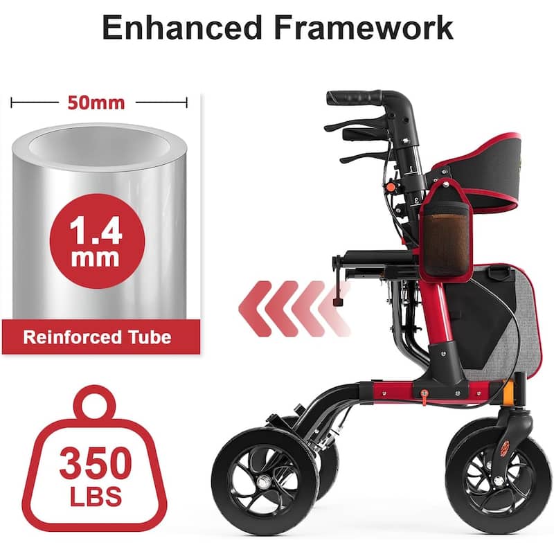 Walkers for Seniors, Rollator Walker with Seat, 350 lb Weight Capacity, 18" Big Seat, 8" All-Terrain Wheels - Red