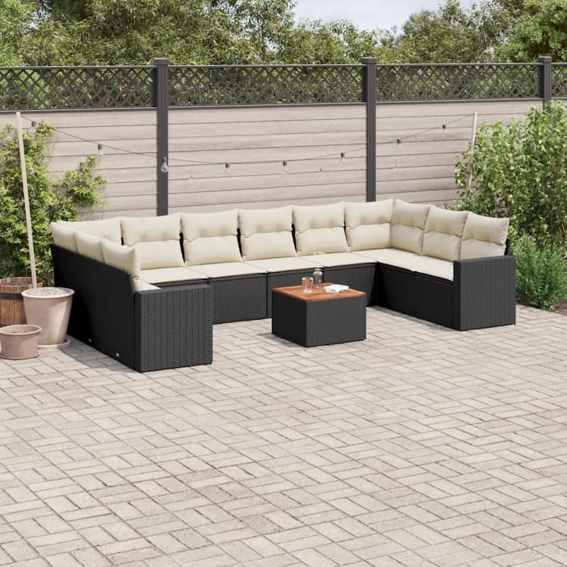 vidaXL Patio Sofa Set with Cushions Outdoor Furniture 11 Piece Poly Rattan - Black and cream 2x corner + table + 6x middle - 21.7 x 21.7 x 14.6