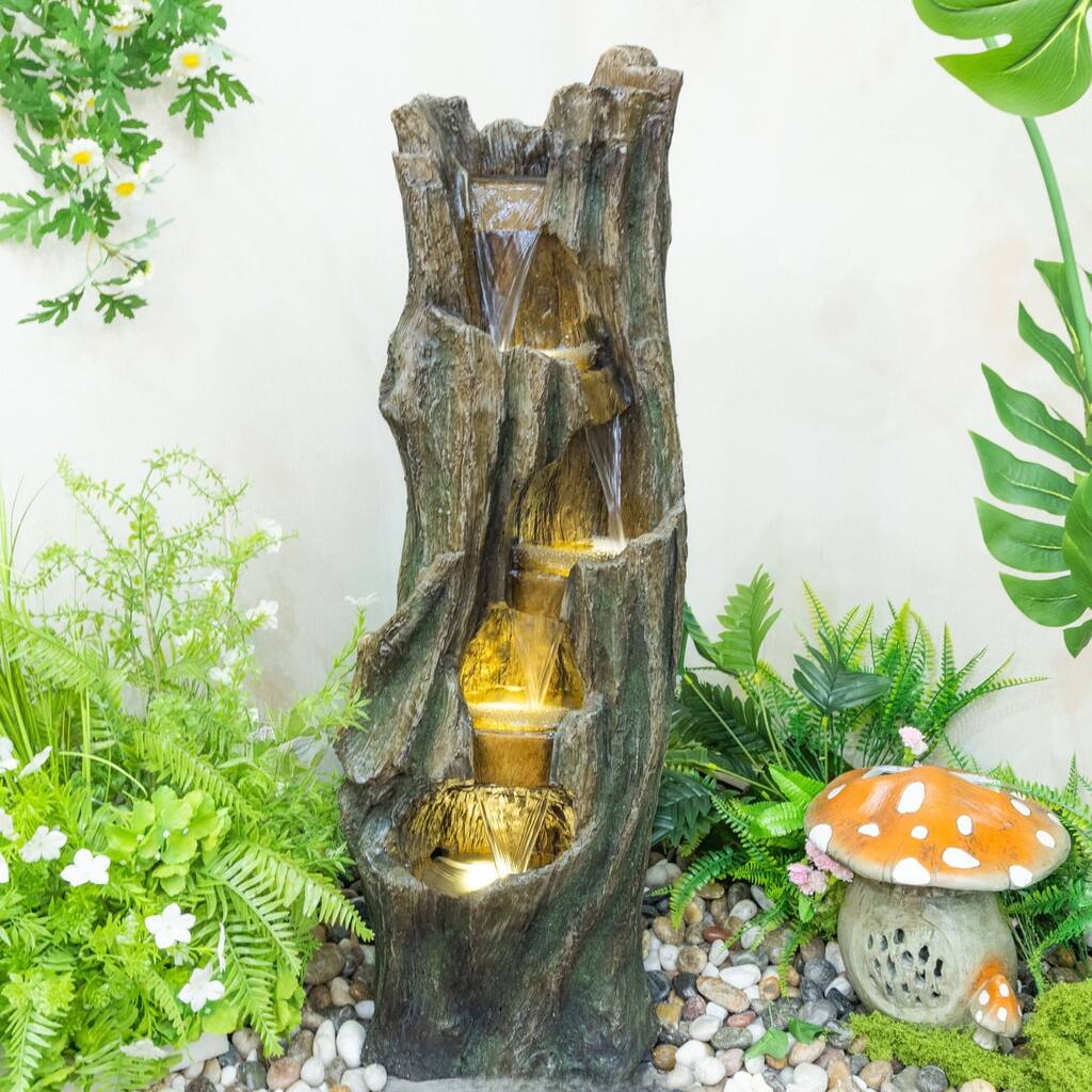 39.4 Inch Tree Design Outdoor Waterfall Fountain Freestanding Fiberglass Resin Water Feature with LED Lights - N/A