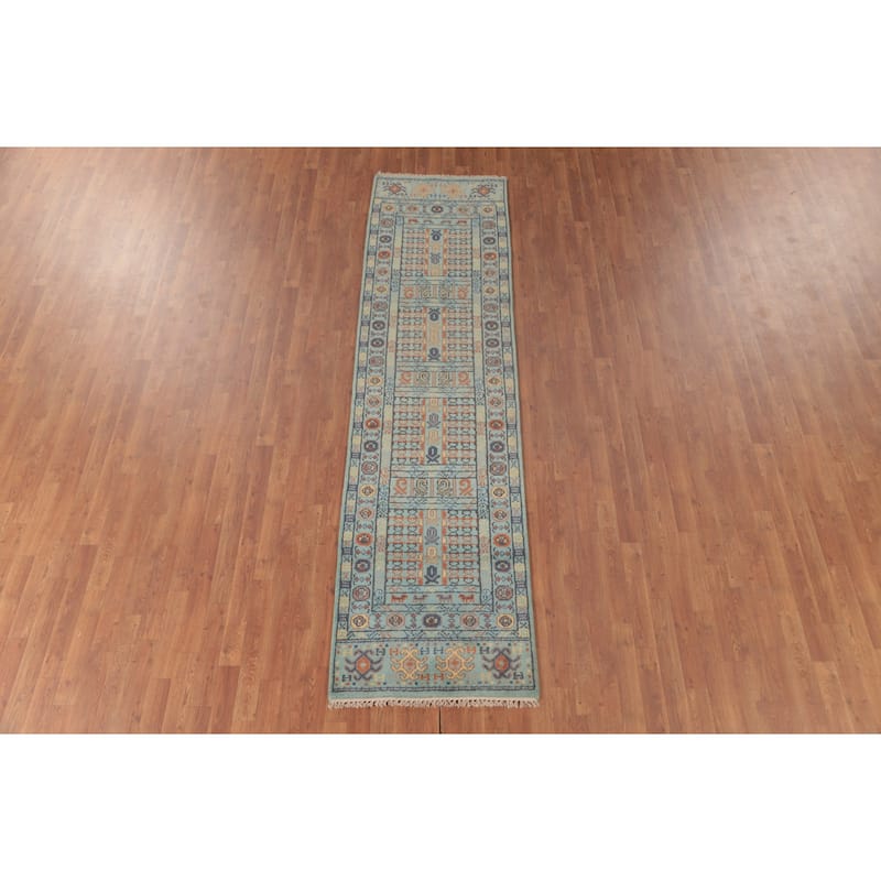 All-Over Blue Khotan Oriental Runner Rug Wool Carpet - 2'7"x 9'11"