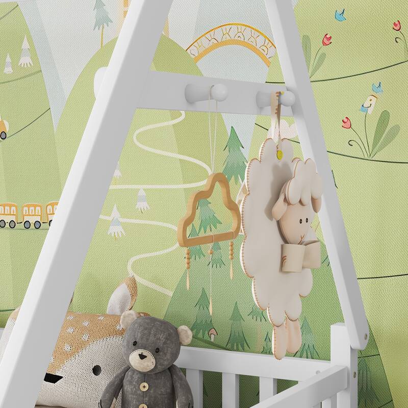 House Bed with Light, Low Toddler Floor Bed House-shaped Roof Frame with Fence and Roof for Kids Boys Girls