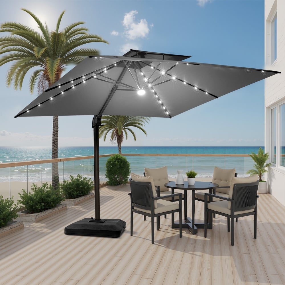 Pellebant 11X11 FT Outdoor Square Cantilever Patio Umbrella Solar LED Lighted with Premium Base Stand