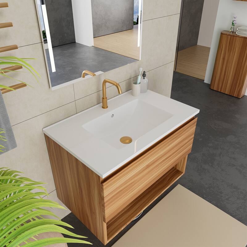30 Inch Bathroom Vanity Cabinet With Ceramic Sink - Walnut Wall Mounted Floating Fluted Vanity With Drawers