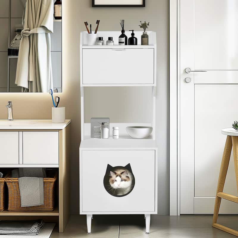 Litter Box Enclosure with Shelves&Doors,White Wooden Hidden Cat Litter Box,Industrial Indoor Cat House Pet Crate Storage Cabinet