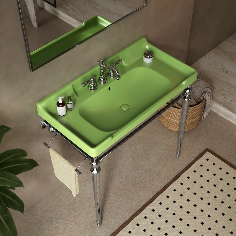 Bathroom Console Sink, Wall-Mounted Black Ceramic Vanity Basin with Pre-drilled Faucet Holes