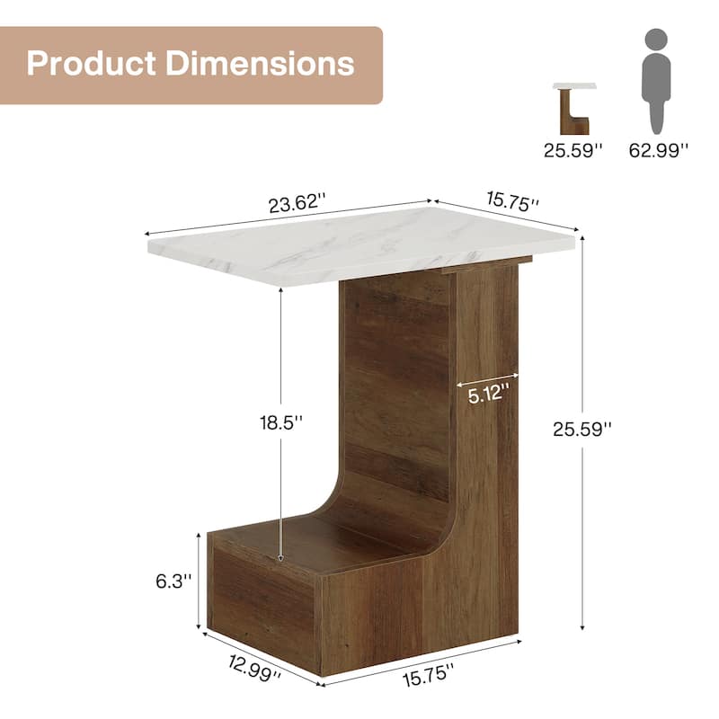 2-Tier C-Shaped Sofa Side Table, Bedside End Table with Faux Marble Tabletop, C Table for Sofa, Bedroom, Living Room