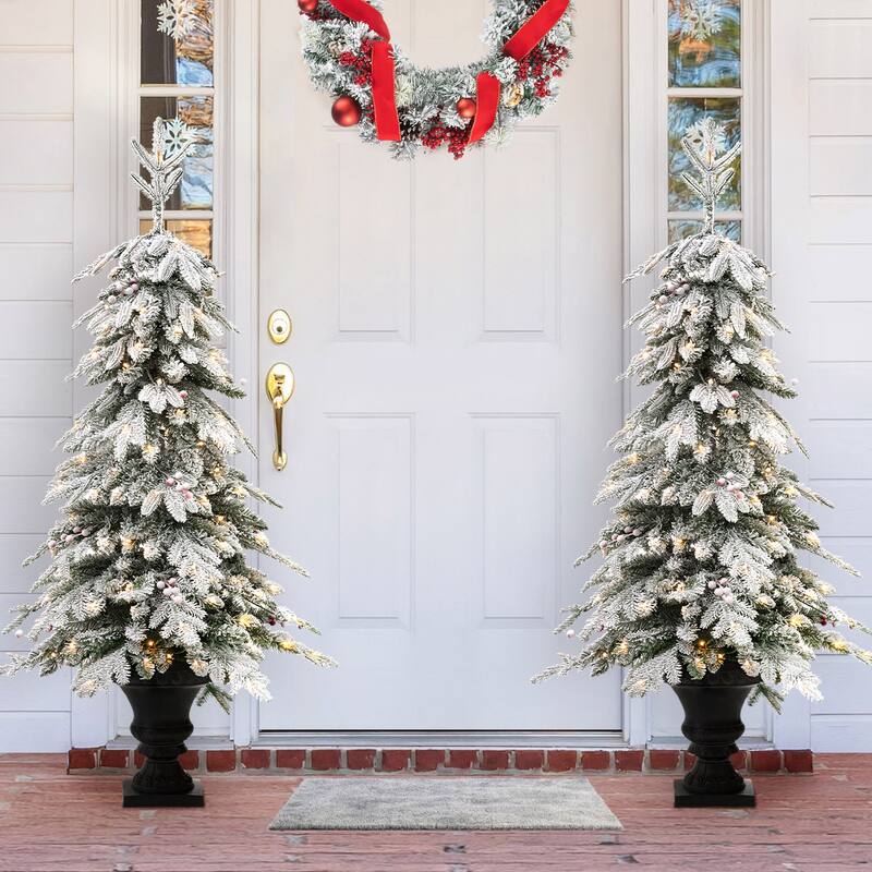 Glitzhome 4FT/5FT Pre-Lit Flocked Fir Artificial Christmas Potted Porch Trees