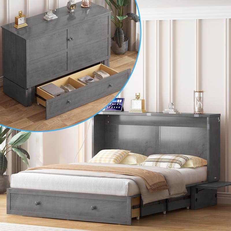 Mixoy Murphy Bed with Mattress,Cube Foldable Cabinet Bed with Charging Station - Grey - Queen