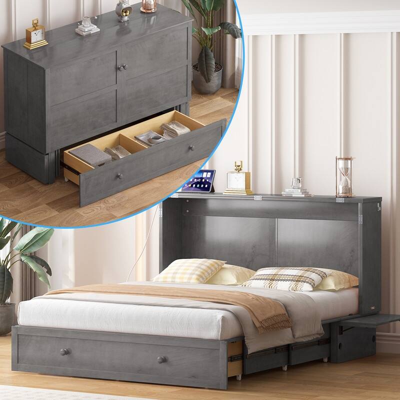 Mixoy Queen Murphy Bed Chest with Charging Station and Storage Drawer,No Mattress - Grey - Queen