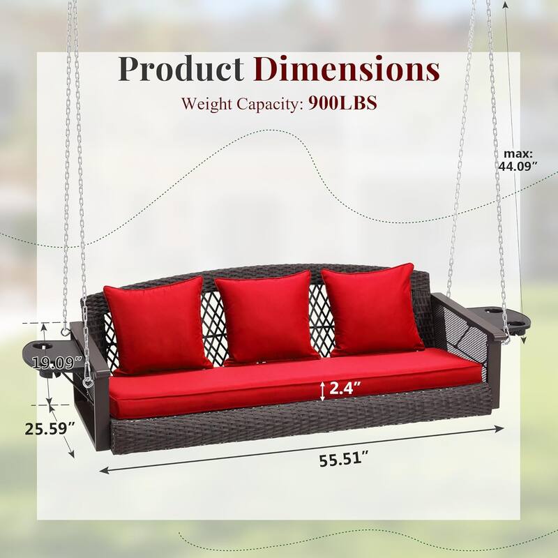 3-Seat Outdoor Porch Swing with Cushions, 900 LBS Capacity, Hanging Chains for Deck, Backyard, Lawn