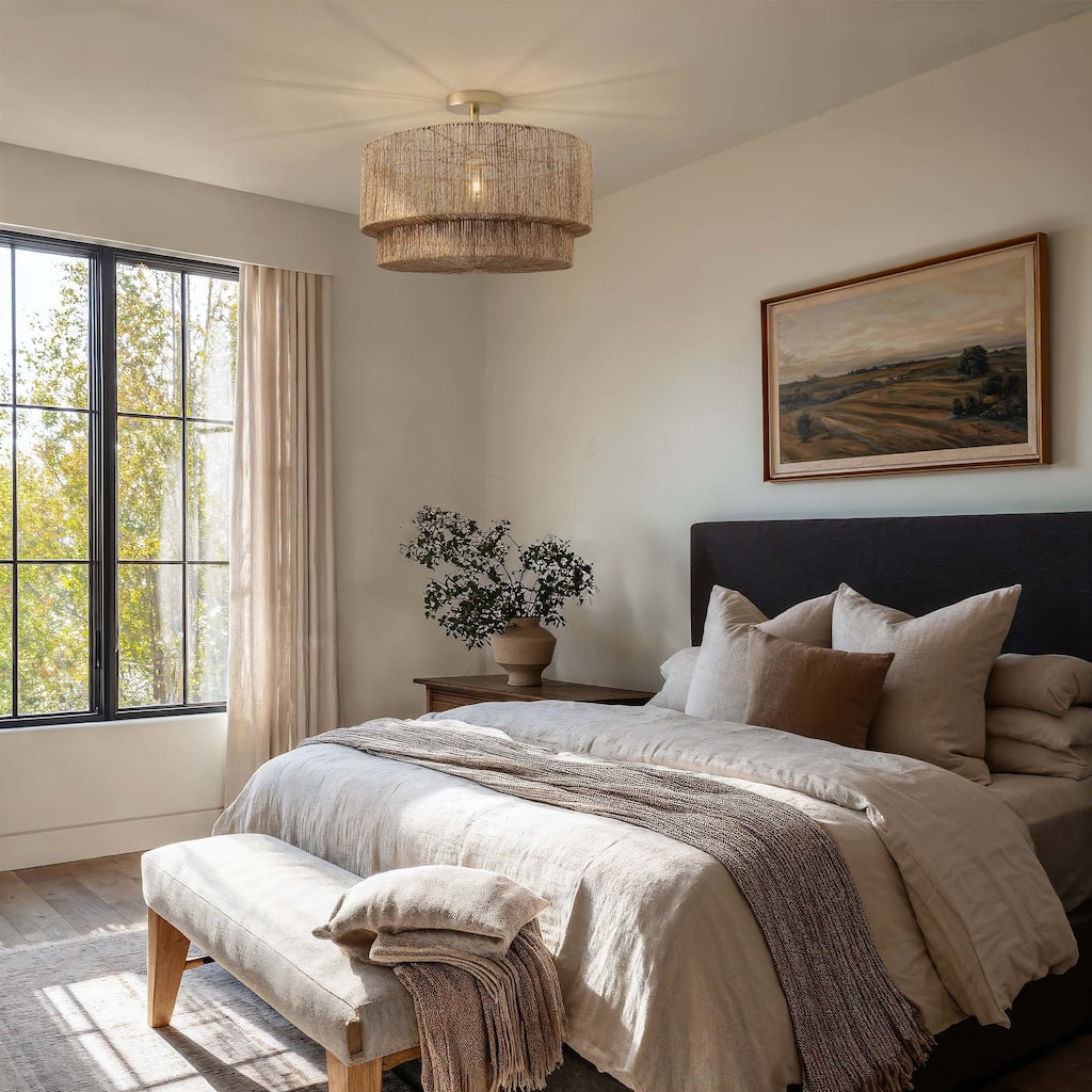 Luminous Lace Flush Mount - Jute Fibers Natural Handwoven Ceiling Light for Kitchen Island or Dining Room in Modern, Boho Style