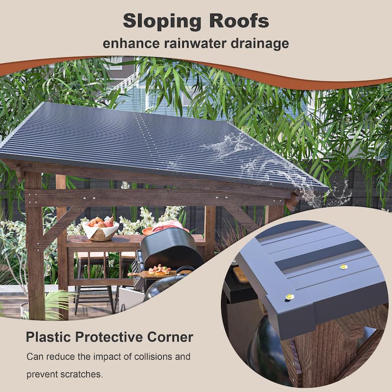 13' x 6.5' Wooden Pergola Grill Gazebo with Metal Roof