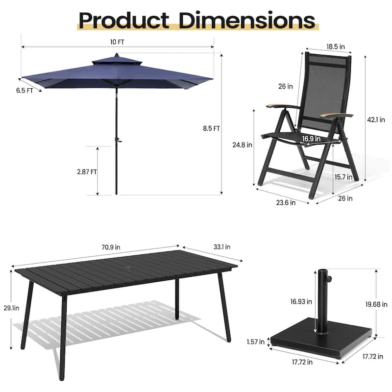 9PC Outdoor Patio Dining Set Aluminum Table with Folding Armchairs w/ Market Umbrella Sets