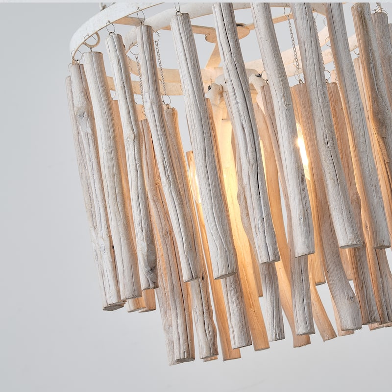 17" 4-Light Coastal 2-Tier Round Fringe White Wood Chandelier - 16.93 " D x 16.93 " W x 29.13" H