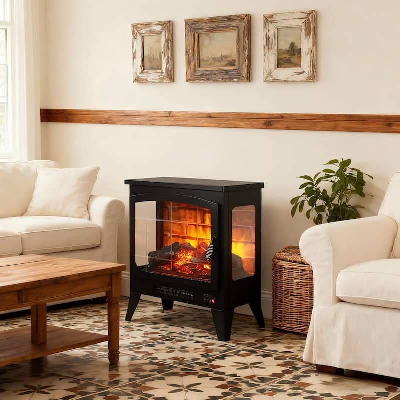 21-Inch Freestanding Electric Fireplace, 1400W Electric Fireplace Stove w/Remote Control - N/A - Antique Black