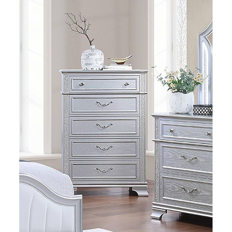 Traditional Style 4pc Bed set Crystal Knob Light Gray Finish