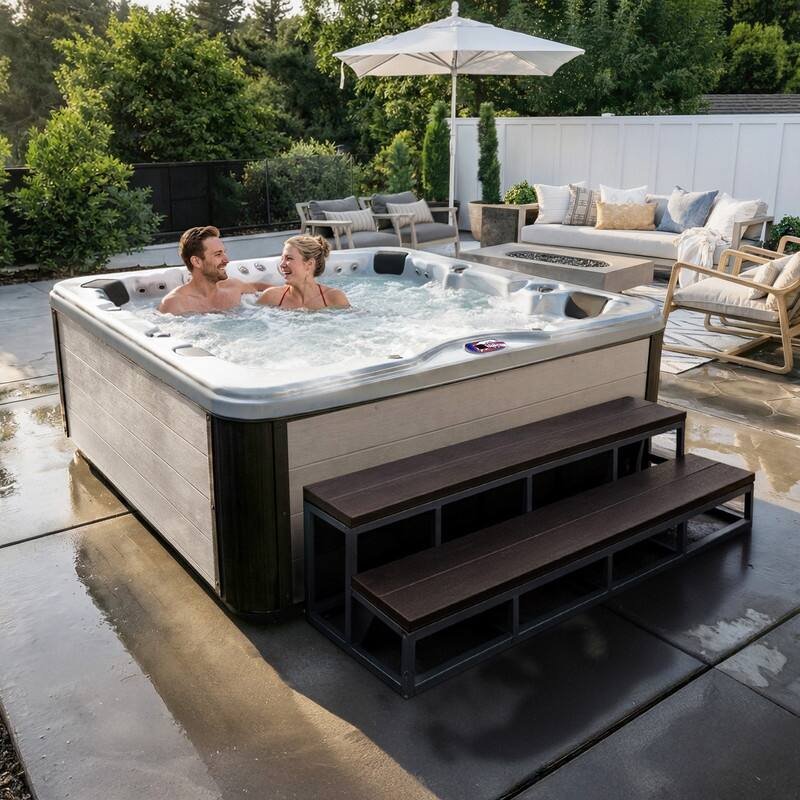 American Spas 7-Person 100-Jet Premium Acrylic Bench Spa Standard Hot Tub with Sound System and LED Waterfall