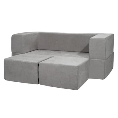 Grey Chenille Kids Modular Couch with Foam Blocks and Safe Zippers - 39.37” L x 39.37” W x 7.87” H