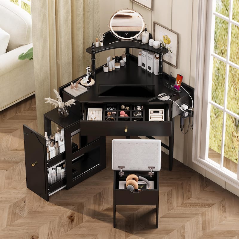 Triangle Makeup Desk with Removable Pull-Out Side Cabinet, Glass Tabletop Makeup Vanity with Drawer and Shelf