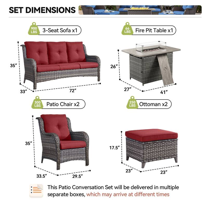 Fire Pit Table with Patio Sofa Chairs Ottomans Grey-Red - Grey