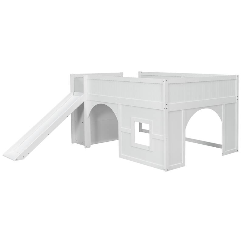 GDFStudio - PlayHaven Modern Wooden Low Loft Bed with Storage Shelves and Slide