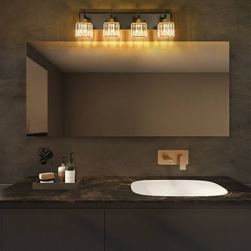 3/4-Light Modern Glam Dimmable Black Gold Crystal Bathroom Vanity Light